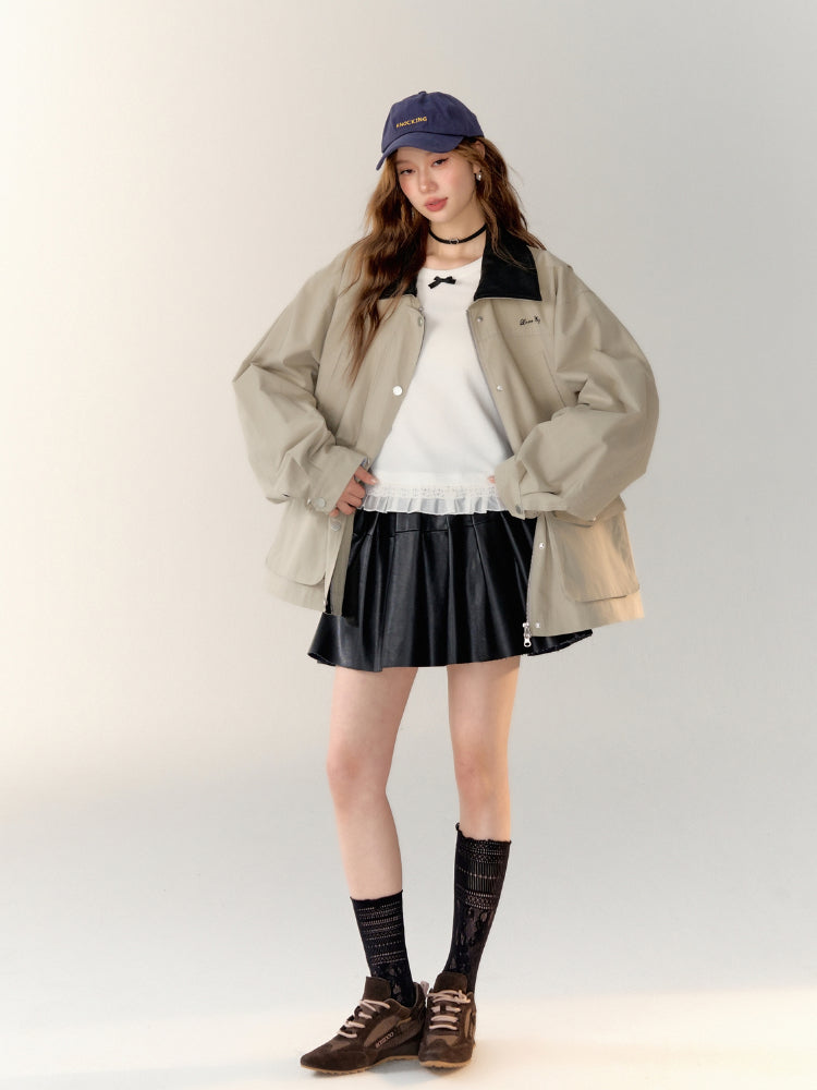 Black PU Split Pleated Leather Skirt - CHINASQUAD