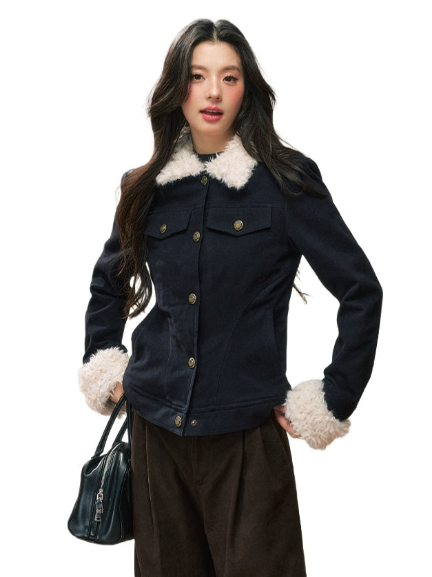 Navy Blue Fur-Collar Short Jacket - CHINASQUAD