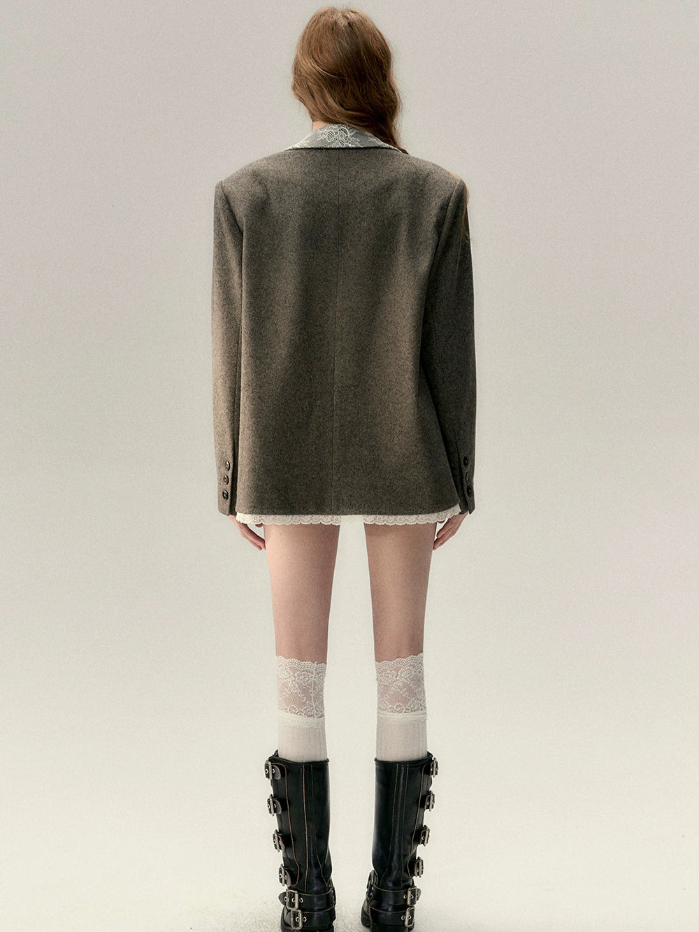 Taupe Lace Wool Blazer - CHINASQUAD