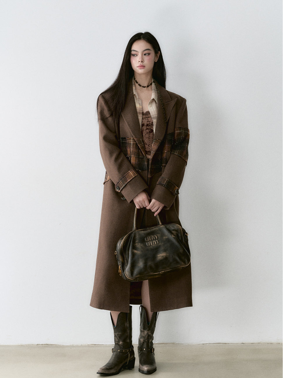 Wool Blend Plaid Patchwork French Coat - CHINASQUAD
