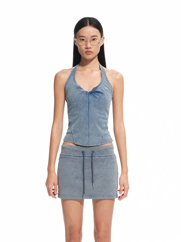 Denim-like Retro U-Neck Halter Tank Top - CHINASQUAD