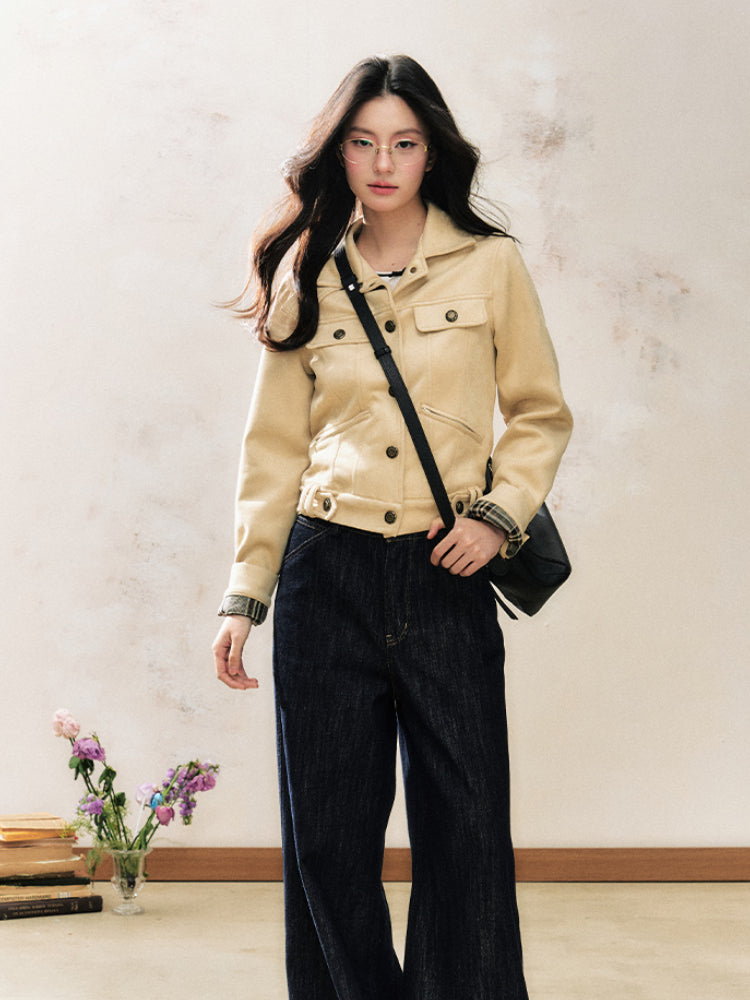 Khaki Suede Korean-Style Short Jacket - CHINASQUAD