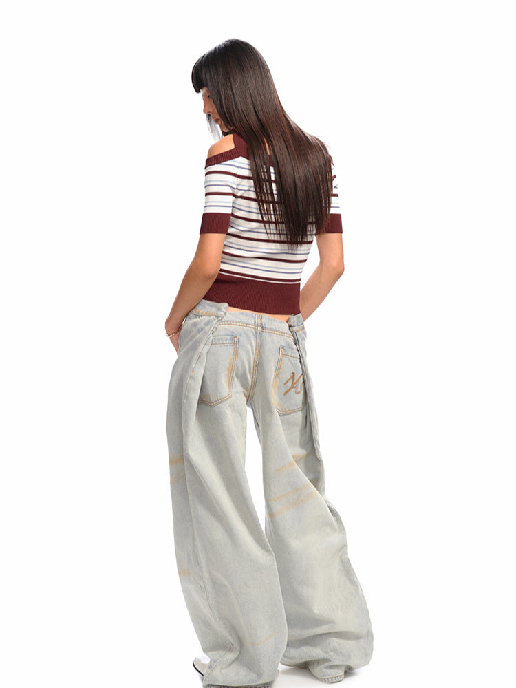 One-Shoulder Halter Neck Color-Block Striped T-shirt - CHINASQUAD