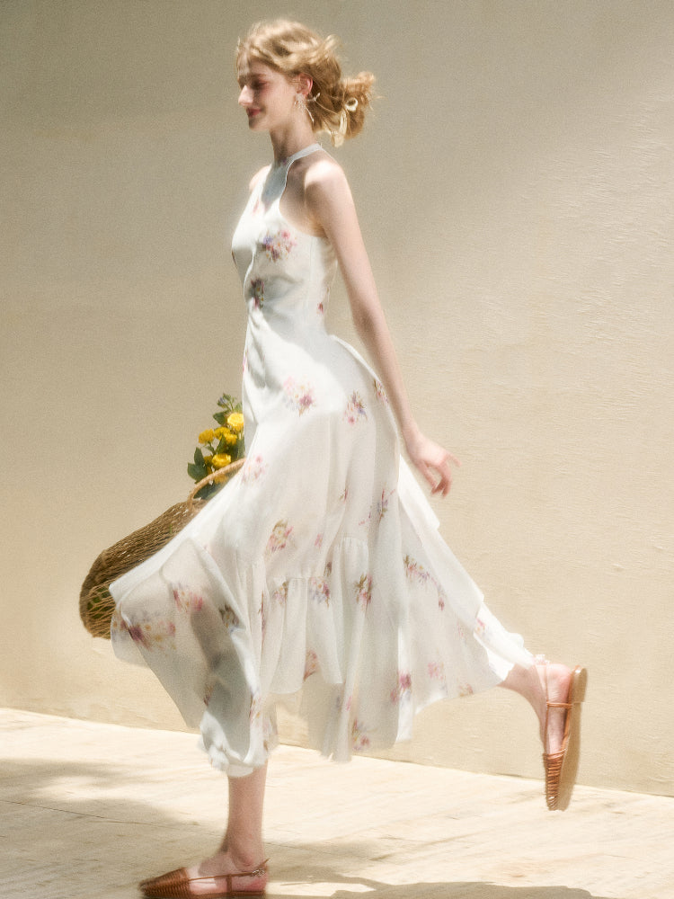 Halter Neck Printed Square Scarf Long Dress - CHINASQUAD