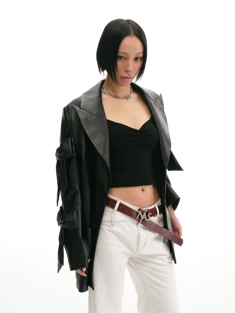Textured Loose-Fit Embroidered Leather Jacket - CHINASQUAD