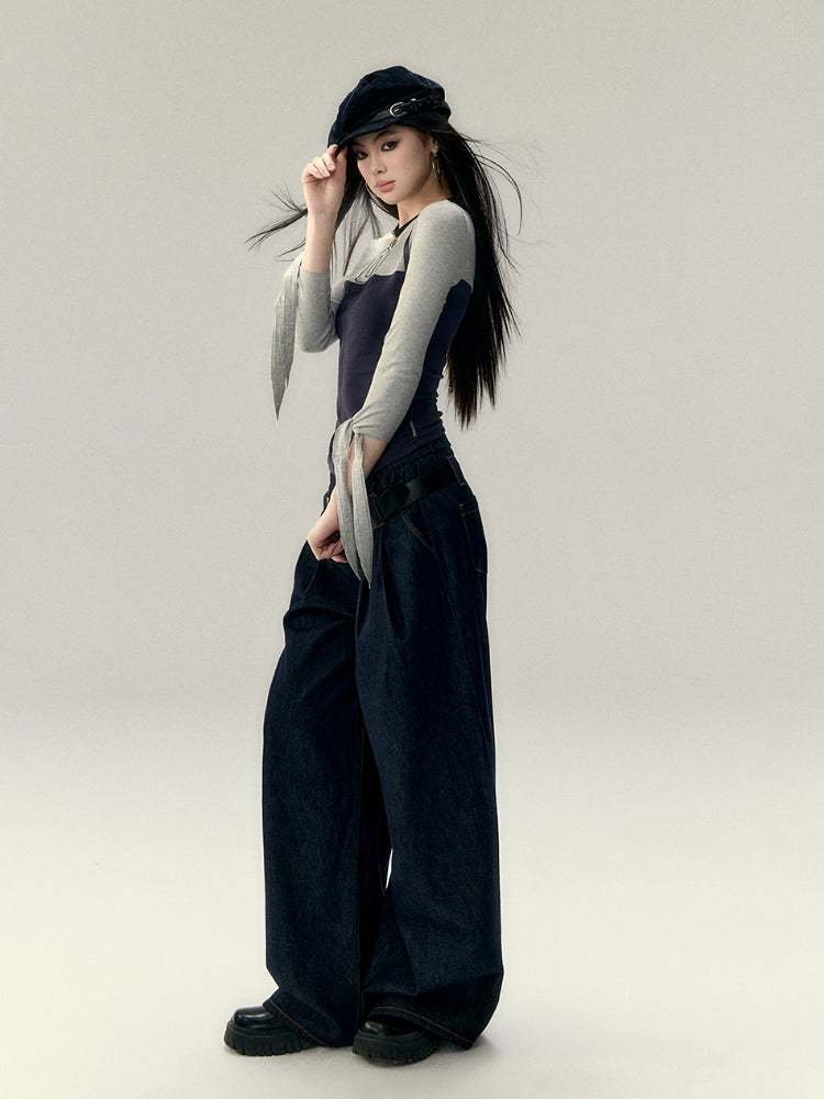 Color Block Waist Tie 3/4 Sleeve T-shirt - CHINASQUAD