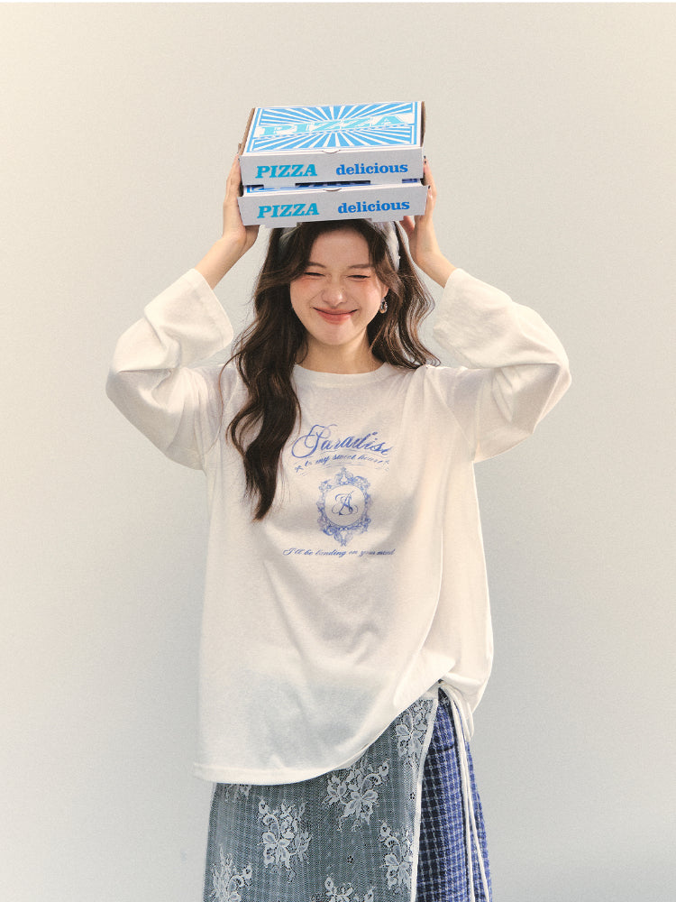 White Crew-Neck College Print Long-Sleeve T-Shirt - CHINASQUAD