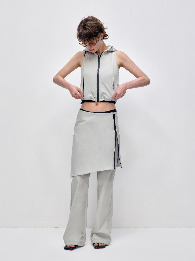 Color-block Hooded Zipper Vest & Pant Set