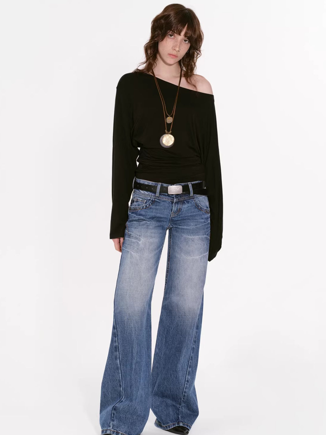 Draped Lyocell Off-Shoulder Long Sleeve T-Shirt