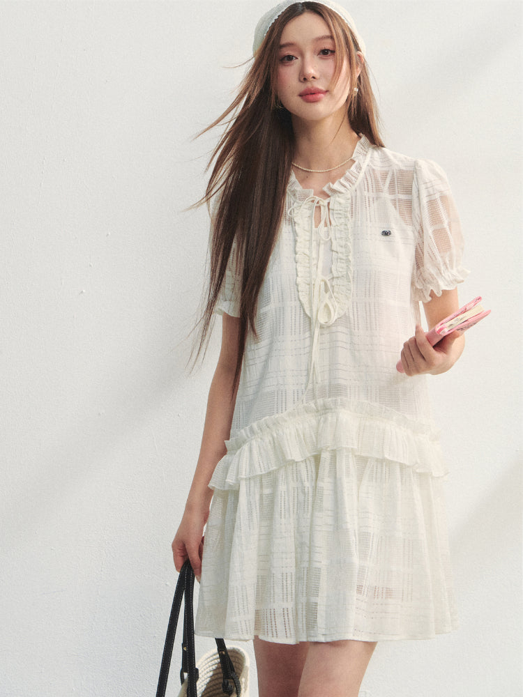 Checkered Hollow-Out Ruffled Dress Set - CHINASQUAD