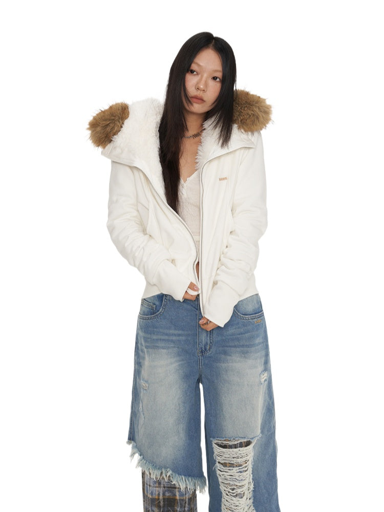 Fur Collar Fleece-Lined Short Coat - CHINASQUAD