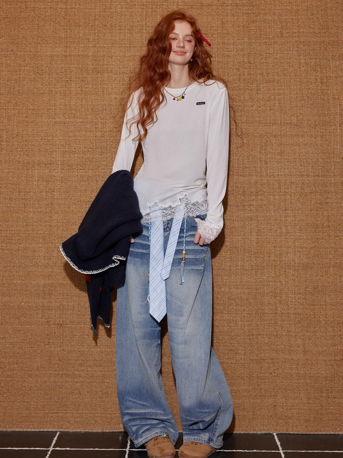 Lace-Paneled Round-Neck Long-Sleeve T-Shirt - CHINASQUAD