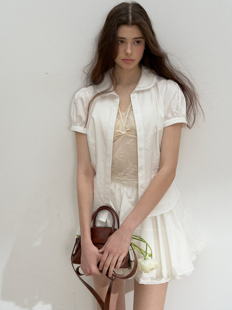 Cotton Lace Embroidered Collar Shirt & Skirt Set - CHINASQUAD