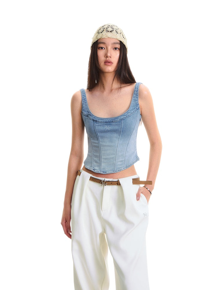 Twill Denim Big U-neck Waist Cinching Vest - CHINASQUAD
