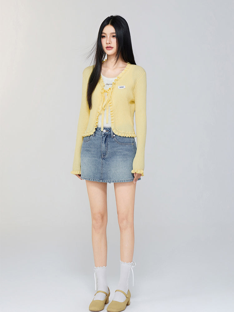V - neck Ruffled Tie - front Knit Cardigan - CHINASQUAD