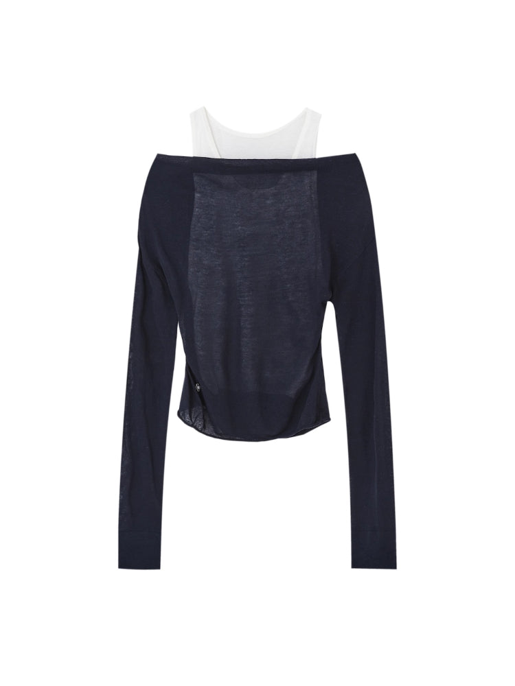 Fake Two-Piece Color-Block Draped Collar Knit Top - CHINASQUAD