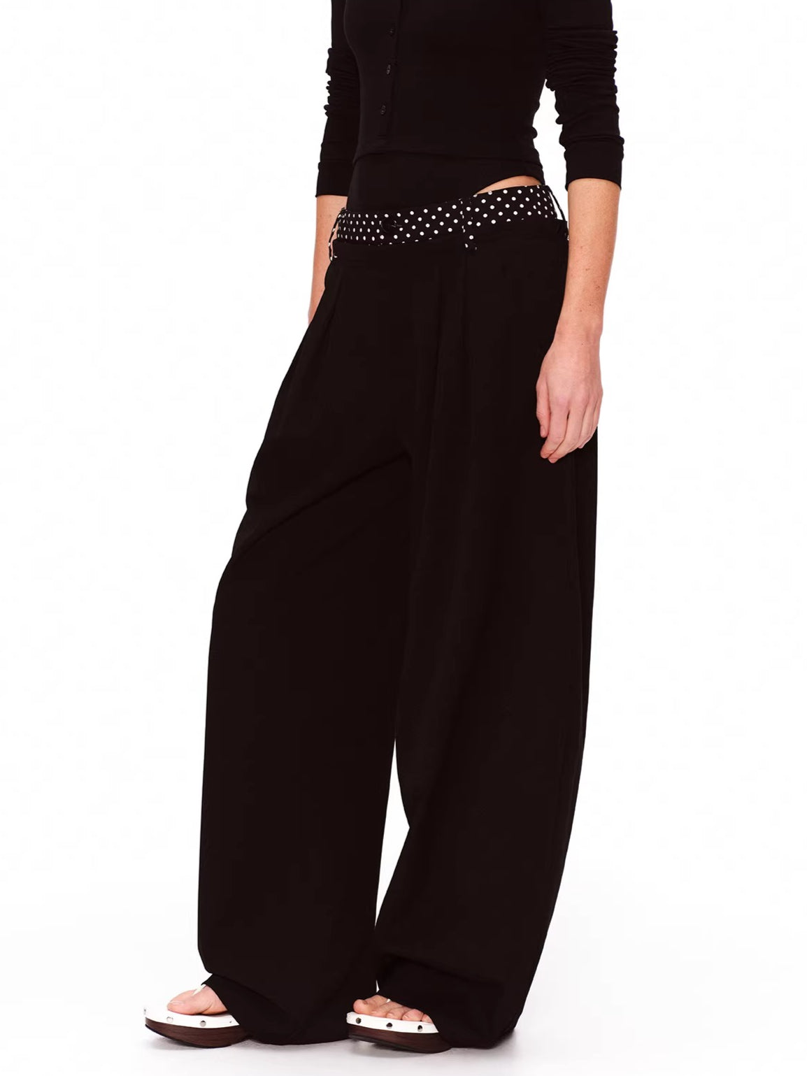 Double-Waist Polka Dot Wide-Leg Trousers