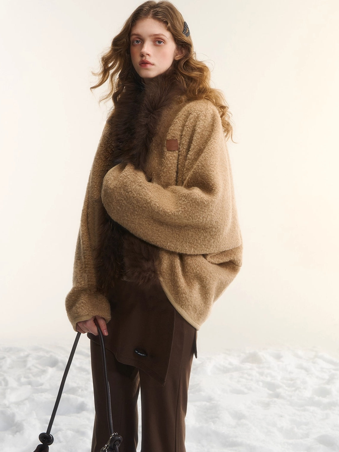 Wool-Blend Fur-Trim Cape Jacket