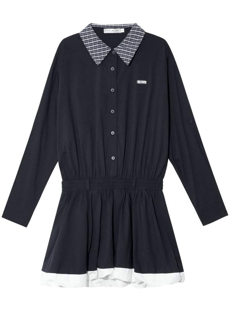 Black Lapel Checkered Panel Tulip Dress - CHINASQUAD