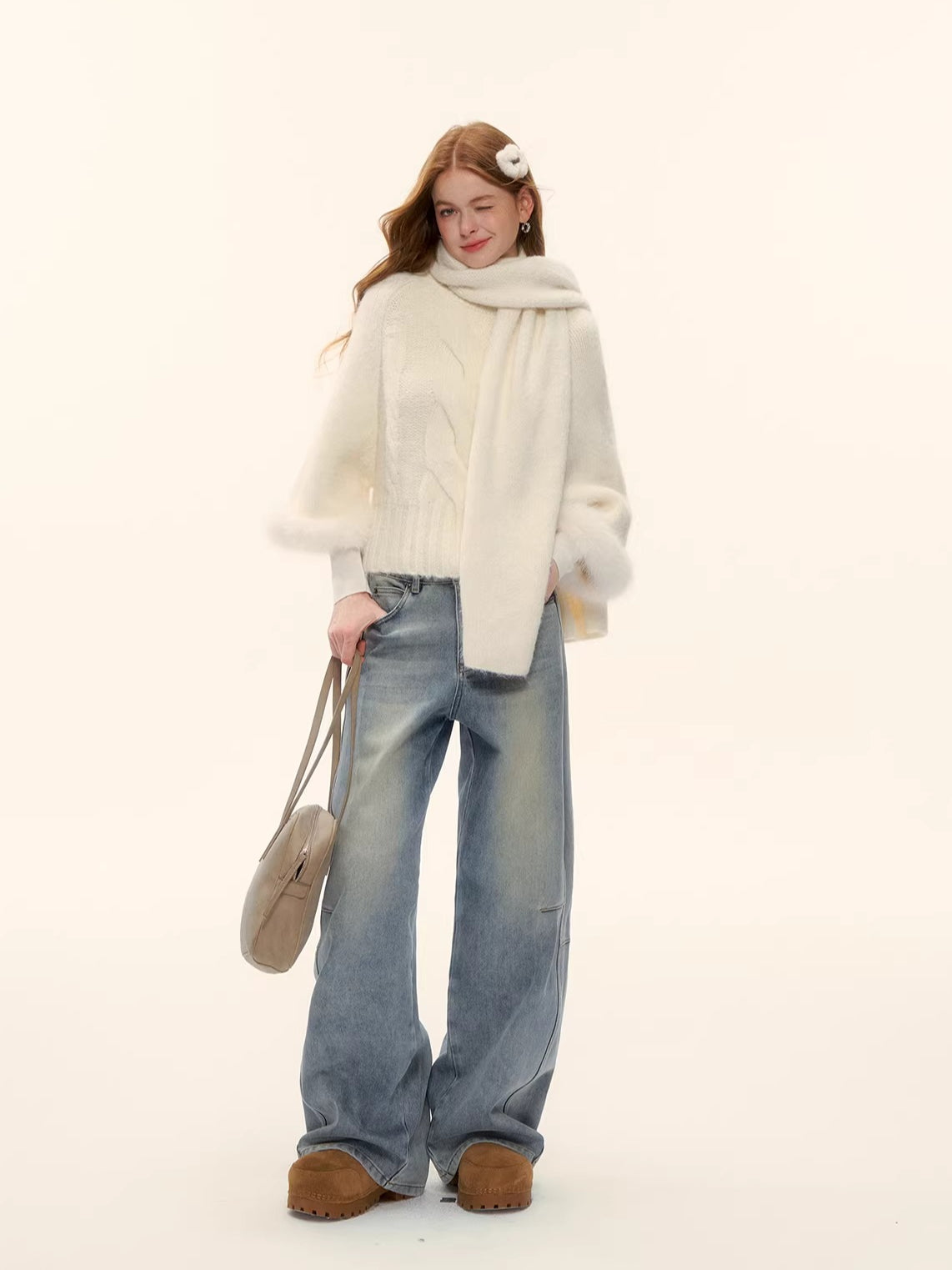 Vintage Washed Curved-Leg Denim Pants