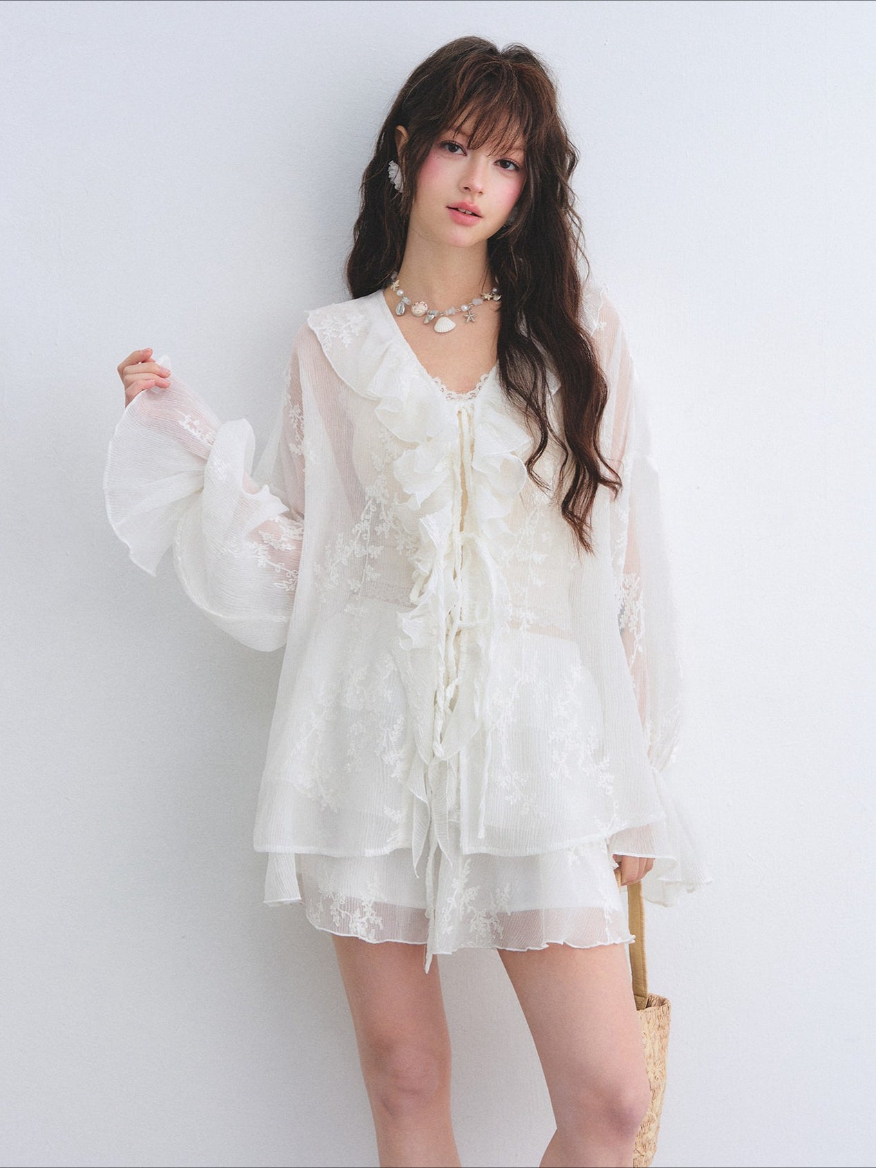 Embroidered Ruffle Chiffon Shirt & Tiered Skirt Set