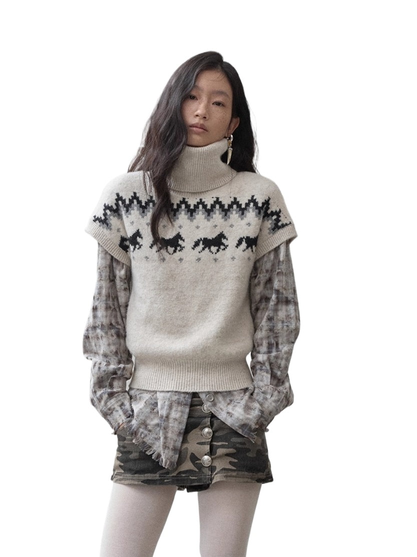 Fair Isle Pony Jacquard Turtleneck Knit Sweater