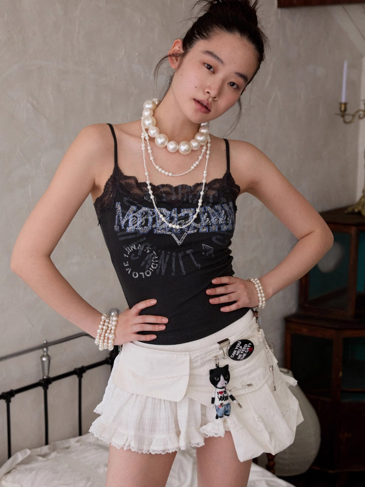 Vintage Lace Print Rhinestone Camisole