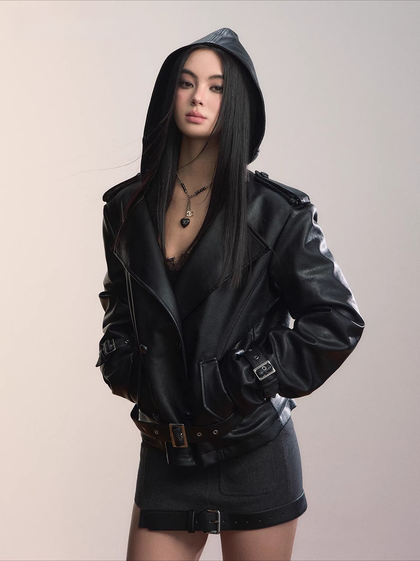 Faux Shearling-Lined Hooded PU Moto Jacket