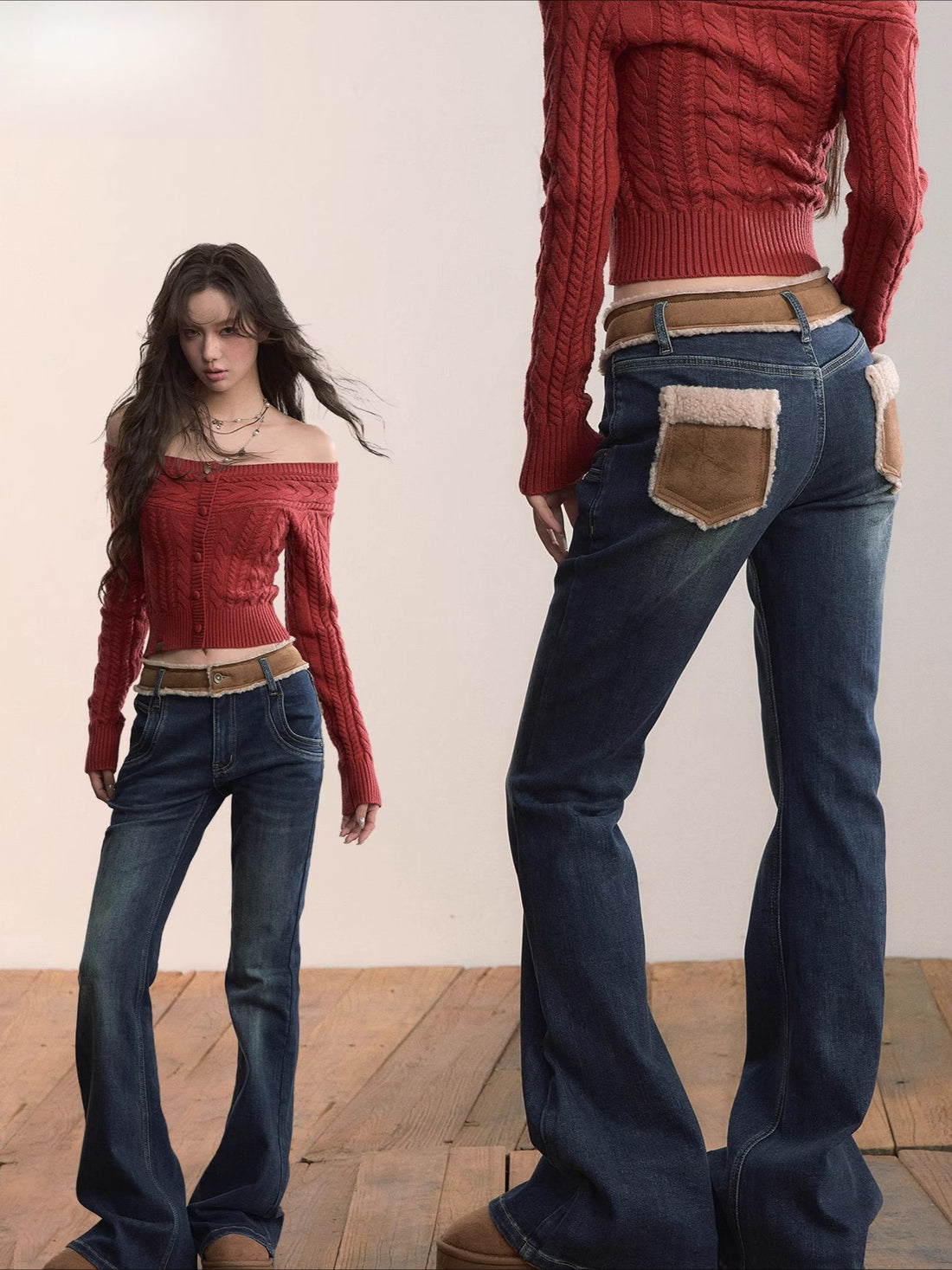 Contrast Panel Faux Fur Waist  Flare Jeans