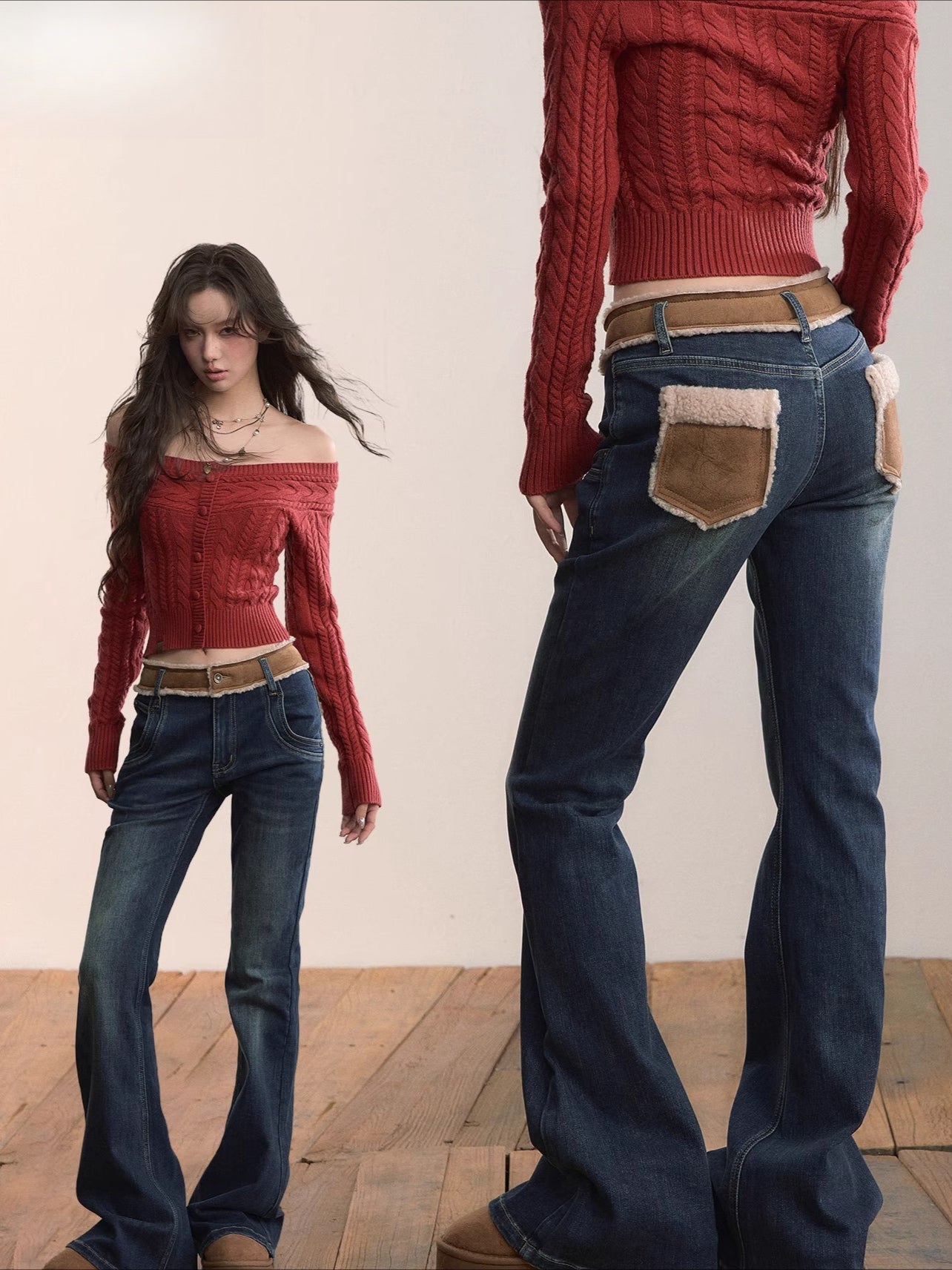 Contrast Panel Faux Fur Waist  Flare Jeans