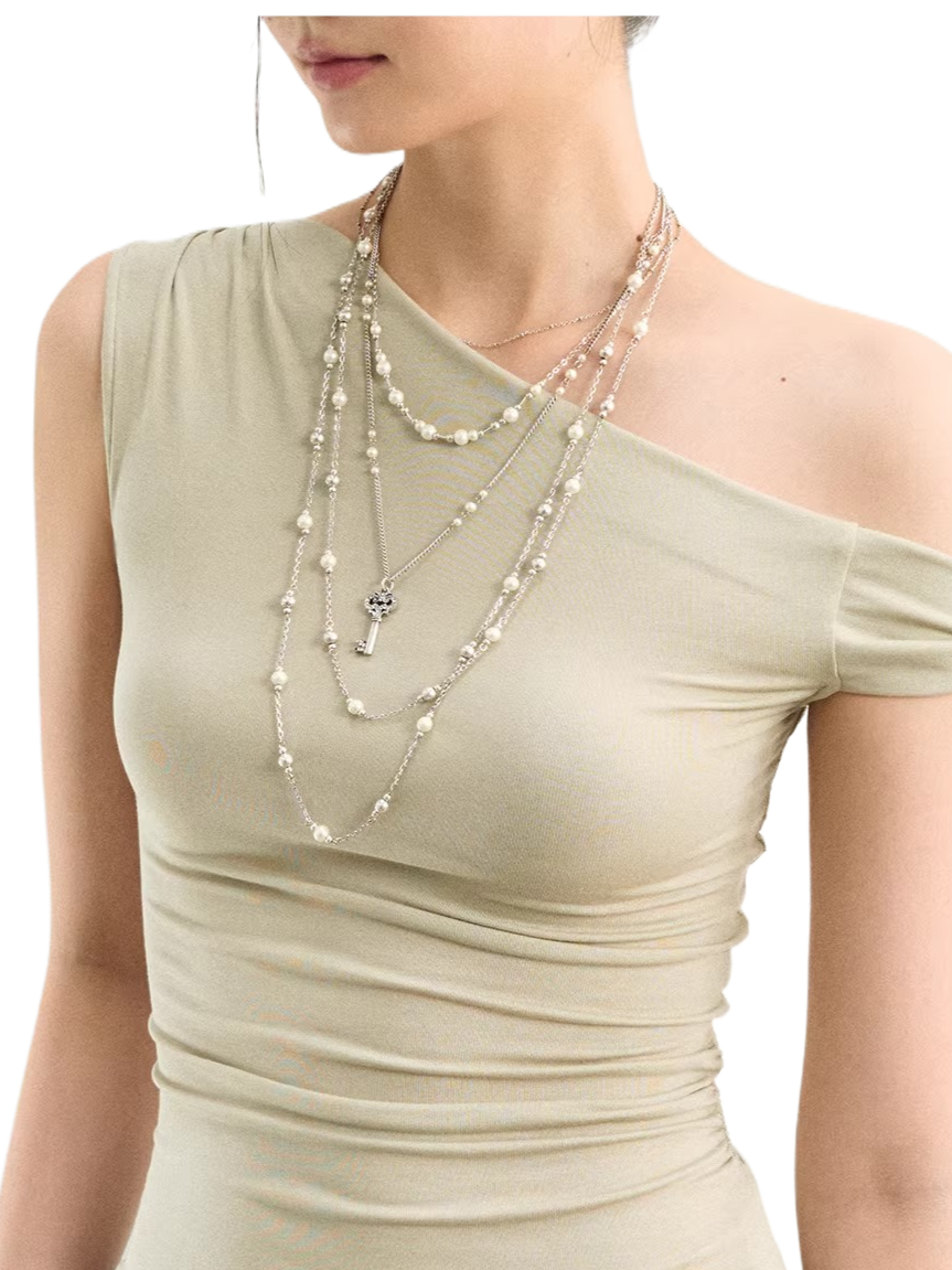 Layered Pearl Chain Statement Necklace