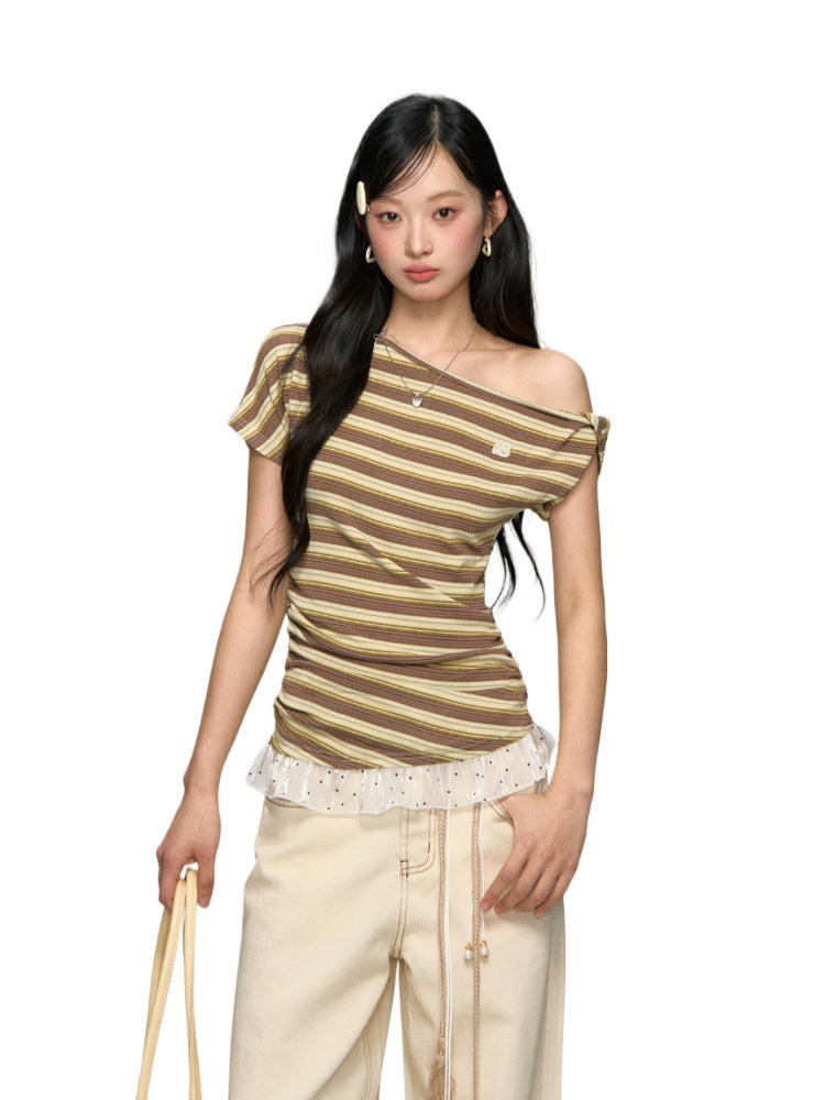 Striped Lace-Spliced Asymmetric-Shoulder T-shirt - CHINASQUAD