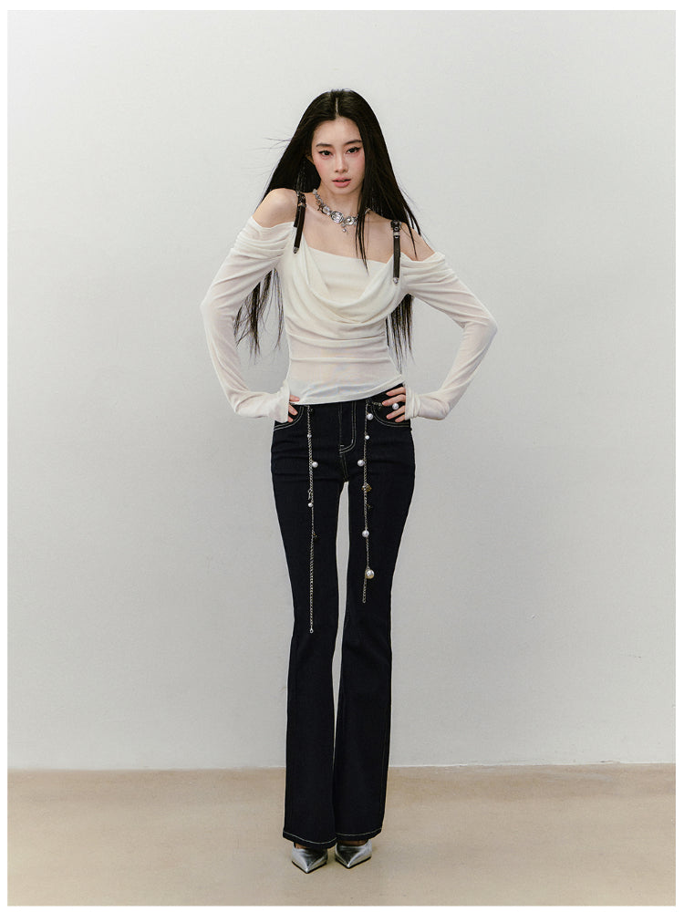 Draped Neck Leather Strap Acetate One-shoulder T-shirt - CHINASQUAD