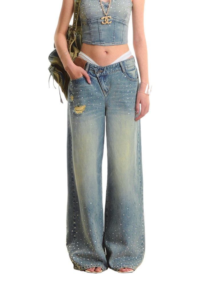 Washed Rhinestone Straight-Leg Wide-Leg Pants - CHINASQUAD