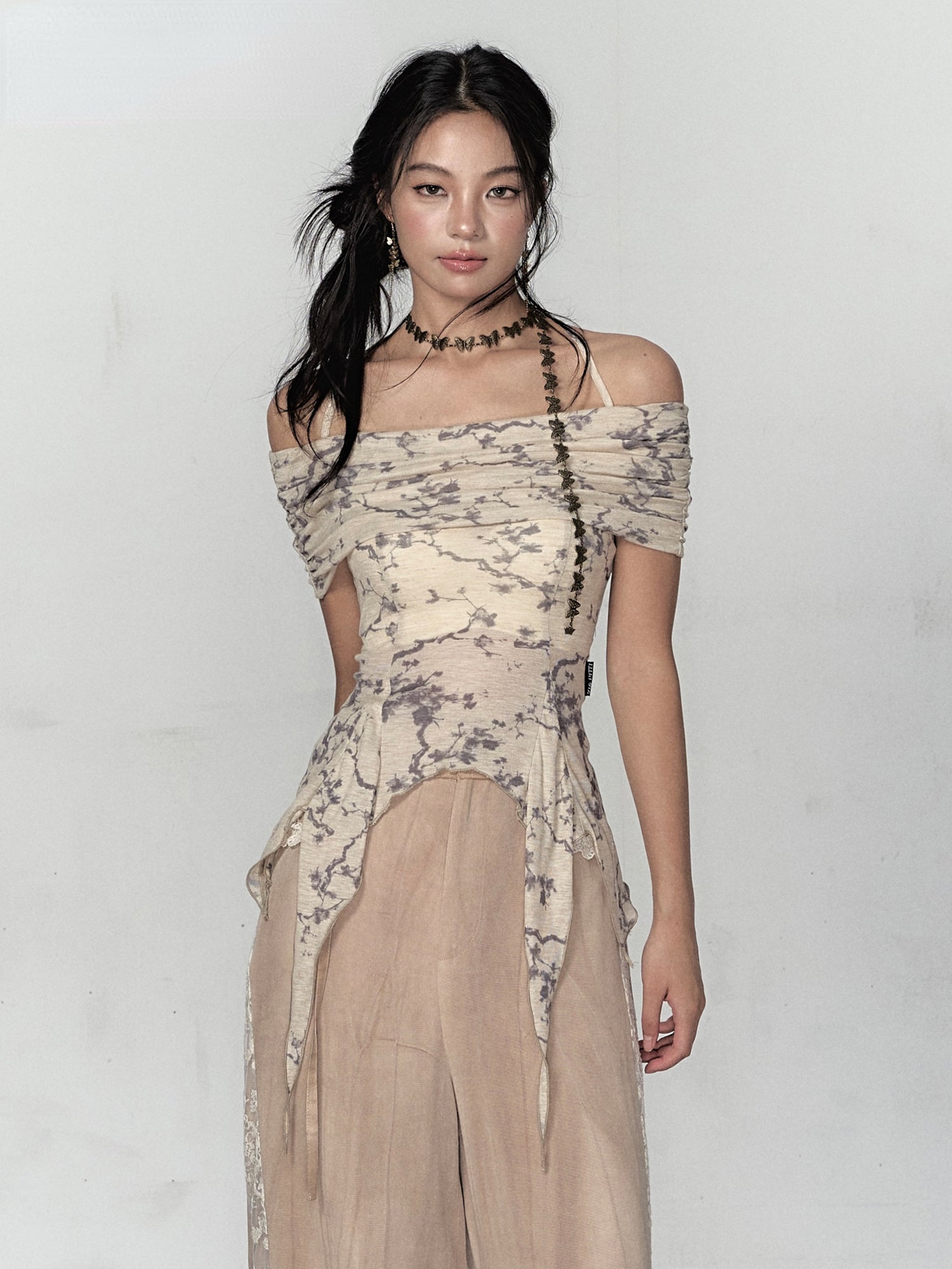 Gray Mesh Irregular Off-Shoulder Top - CHINASQUAD