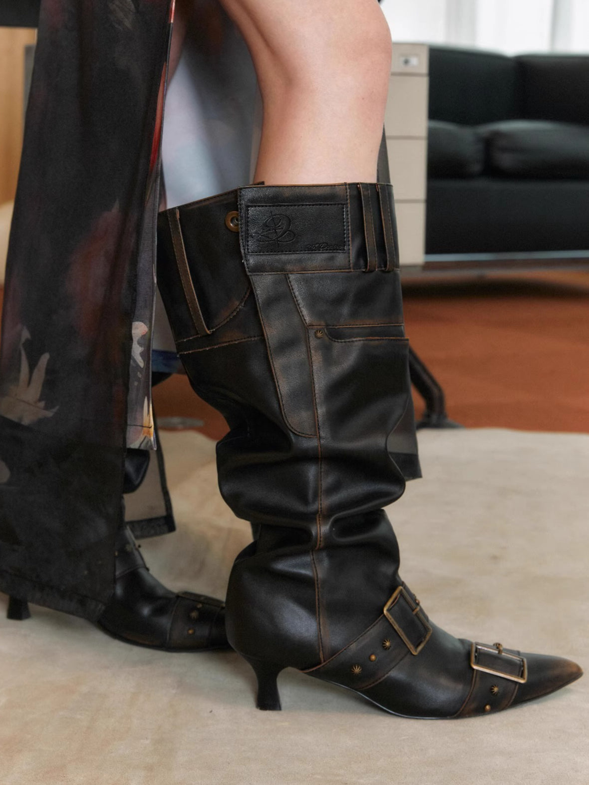 Distressed PU Knee-High Slouch Boots