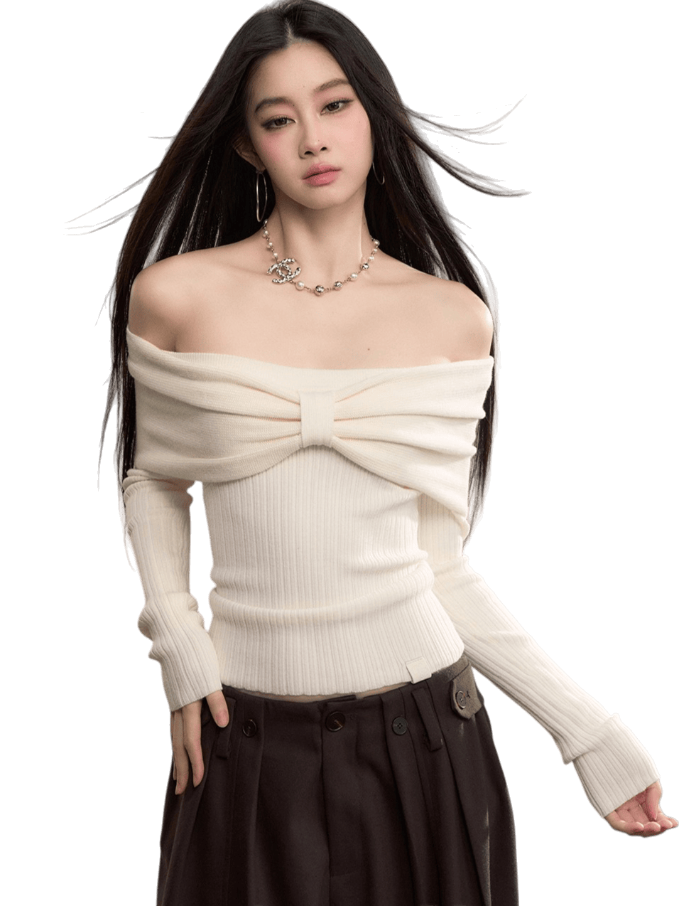 Off-Shoulder Bow Detail Knit Crewneck