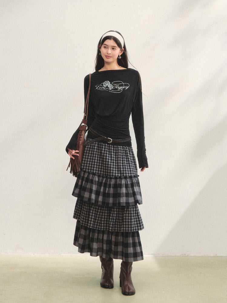 Plaid Patchwork Lace Waist Layered Cake Skirt - CHINASQUAD