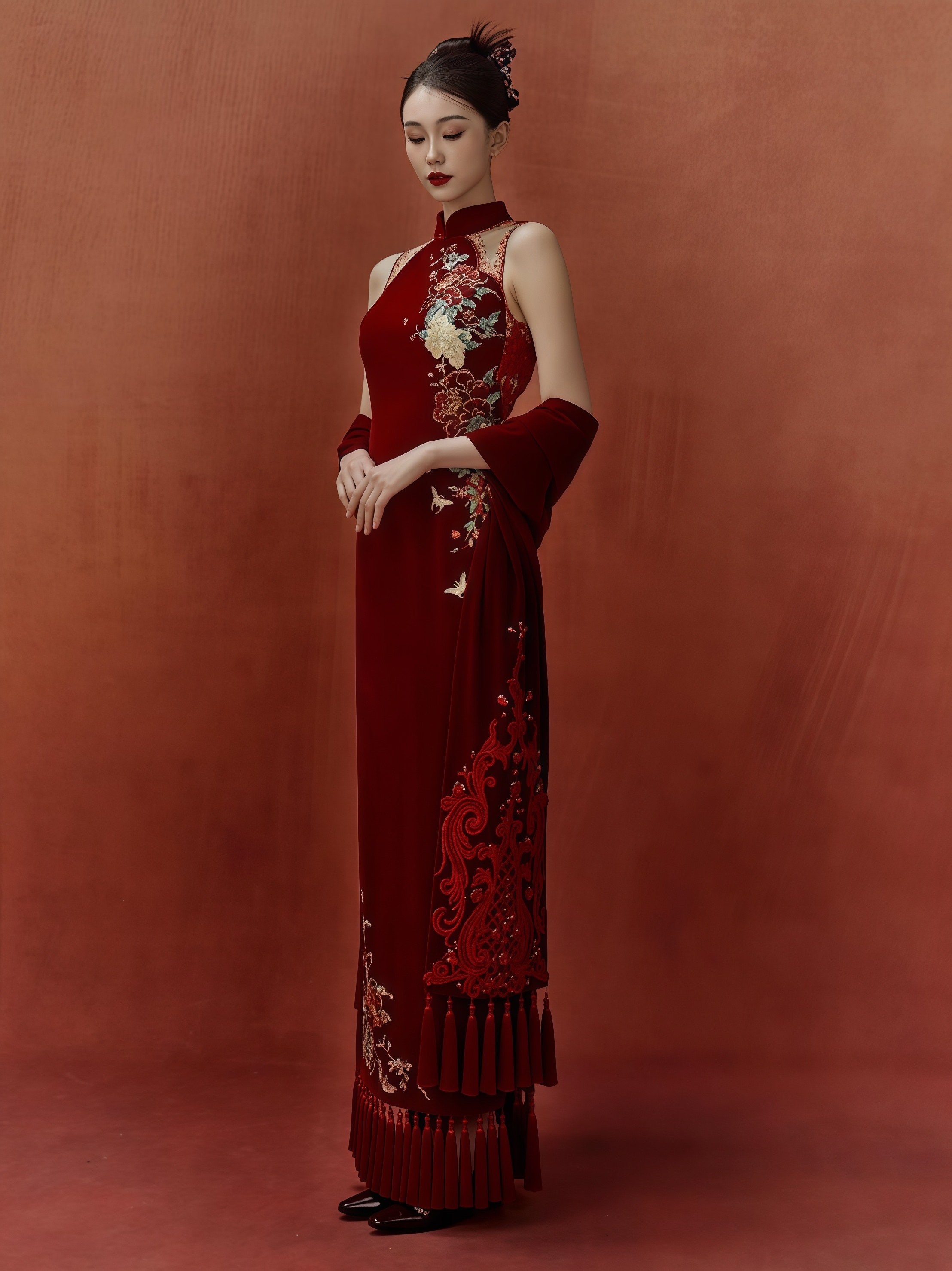 Crimson Embroidered Illusion Back Cheongsam Dress