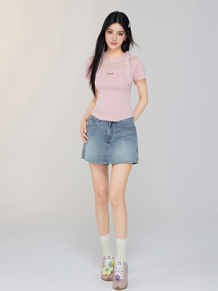 Hollow-out Tie-up Knit Round Neck Short Sleeve Top - CHINASQUAD
