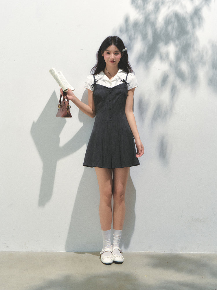 Academy Style Fake Two-piece Pleated Dress - CHINASQUAD