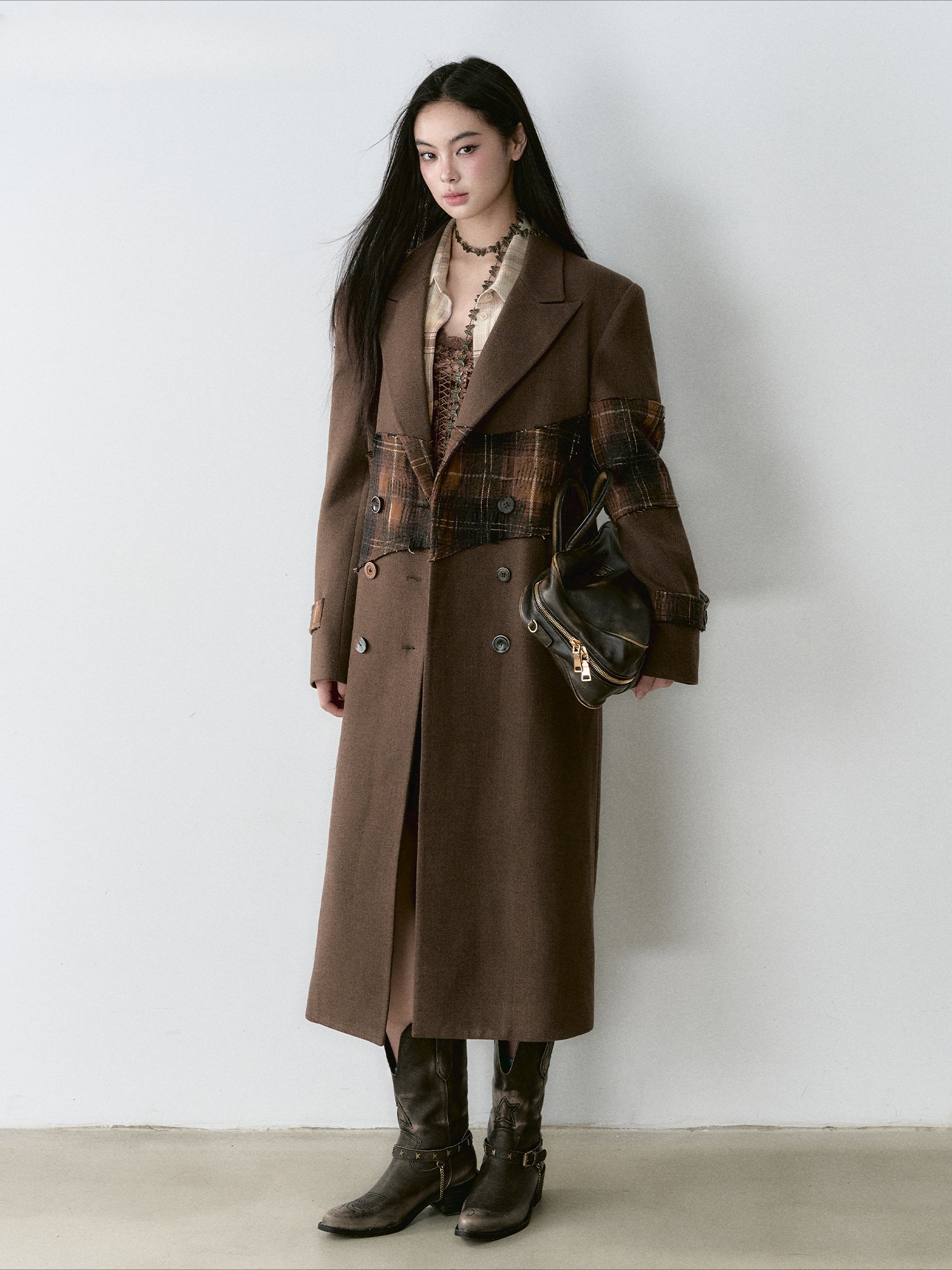Wool Blend Plaid Patchwork French Coat - CHINASQUAD