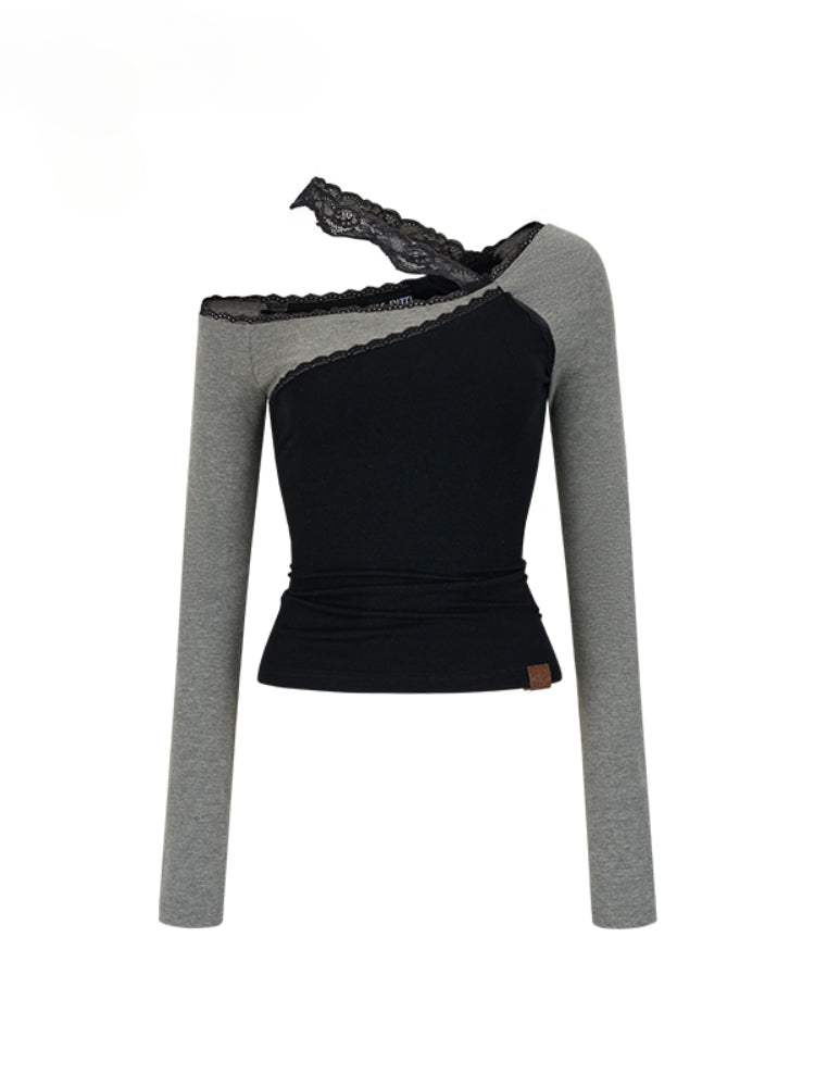 Lace Patchwork Colorblock Long Sleeve T-shirt - CHINASQUAD