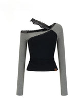 Lace Patchwork Colorblock Long Sleeve T-shirt - CHINASQUAD