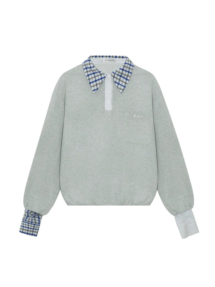 Fake Two-Piece Checkered Shirt Panel Sweatshirt - CHINASQUAD