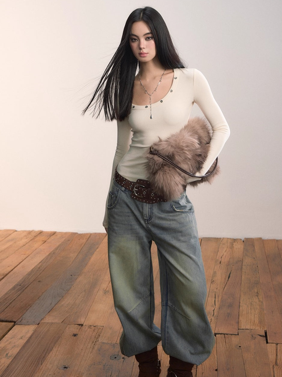 Studded Asymmetric U-Neck Knit T-Shirt