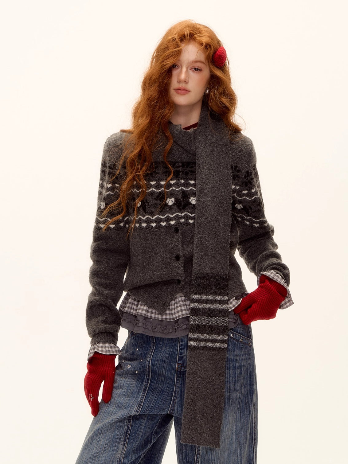 Fair Isle Wool-Blend Knit Cardigan & Scarf Set