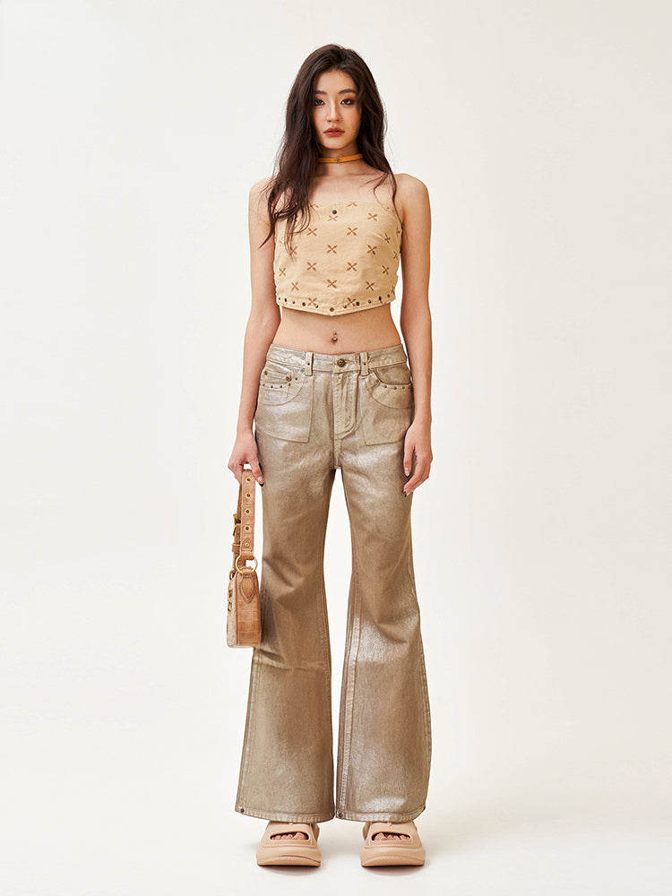 Ancient Myth Handcrafted Gold Wax Mid-rise Flared Jeans - CHINASQUAD