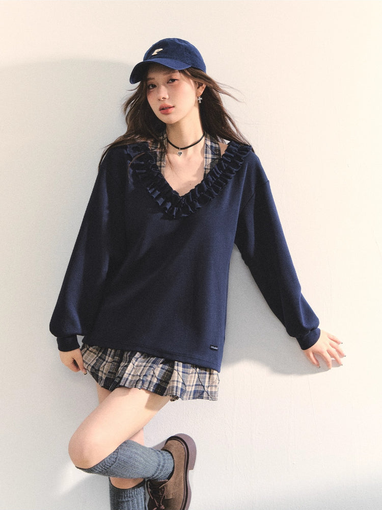 V-neck Ruffle Plaid Spliced Halter Sweatshirt - CHINASQUAD