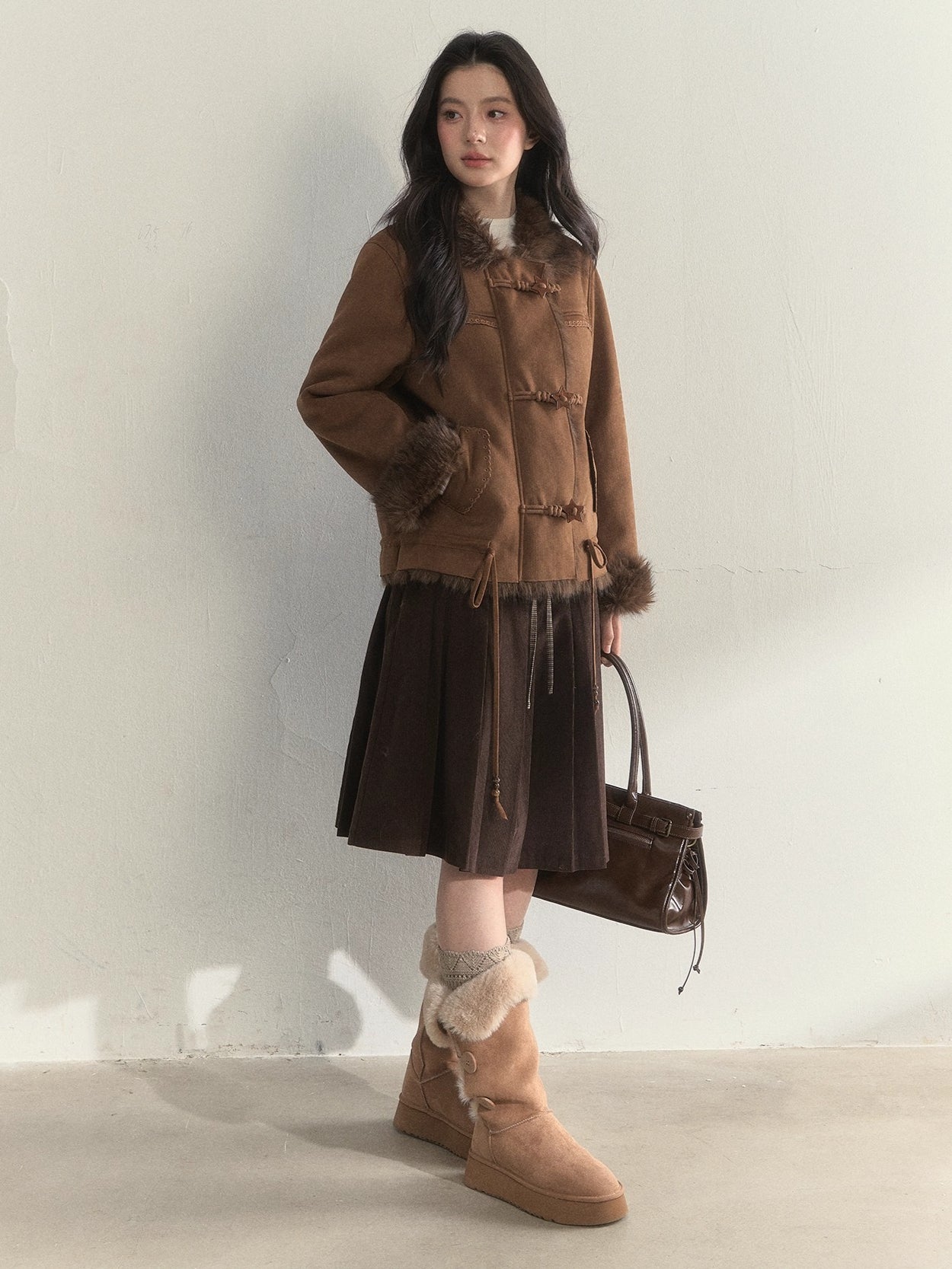 Oak Brown Suede Embroidered Shearling Jacket